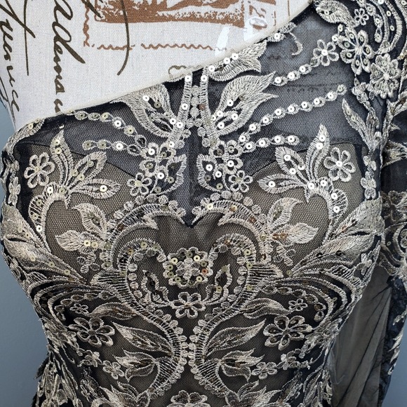 JJ's House Party Dress Womens L Black Gold Embroidered Lace Sequin One Shoulder - Picture 8 of 13